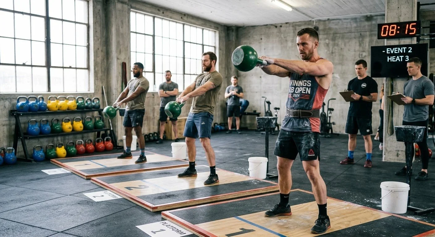 Athletes competing in a kettlebell sport heat inside an industrial gym, performing synchronized swings on numbered lifting platforms.