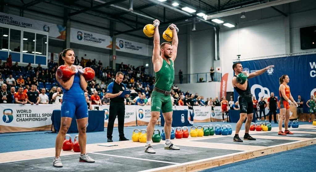 Kettlebell sport competitors performing on a wooden platform, demonstrating the double kettlebell rack position and overhead lockout during a judged event.