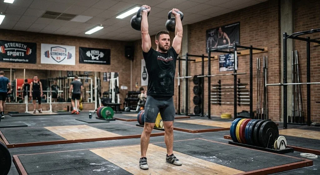 Man performing a double kettlebell overhead press during a hardstyle strength training session inside a brick-walled gym.
