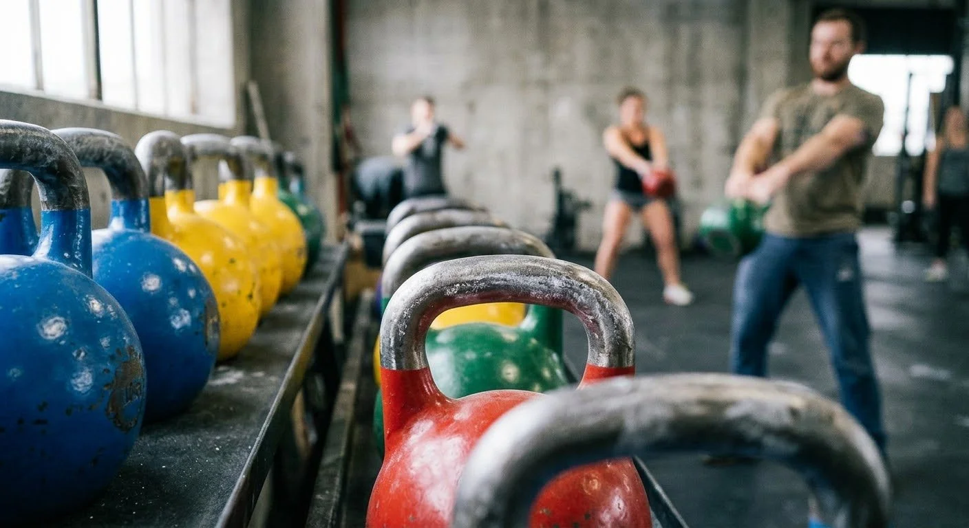 Colorful kettlebells lined up on a rack in a gym with people working out in the background.