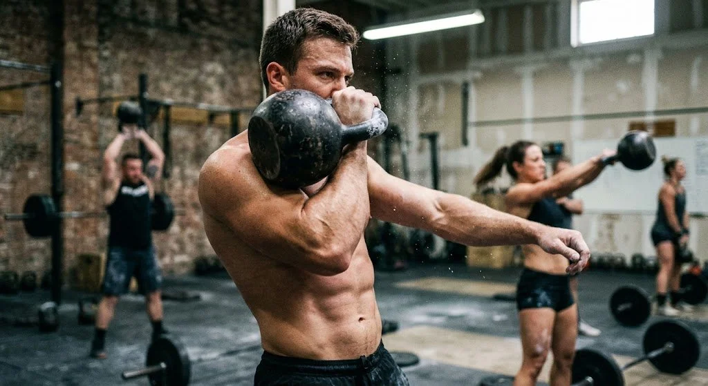Muscular shirtless man performing a hardstyle kettlebell clean with chalk in the air at a gym.
