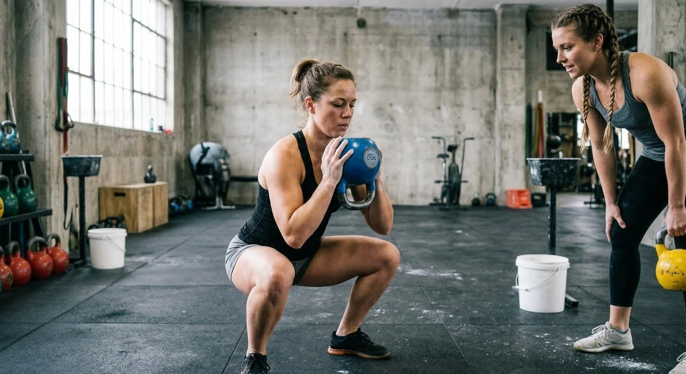 Female athlete performing a deep goblet squat with a blue competition kettlebell while a coach observes her form at an industrial CrossFit gym.