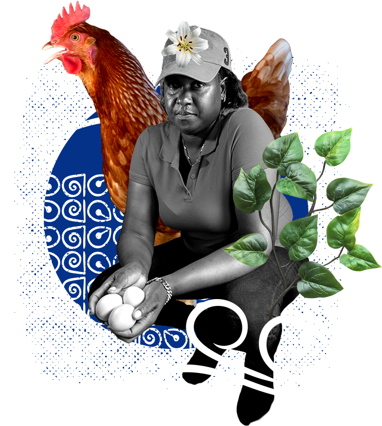 A woman wears a cap with a flower, holds eggs, surrounded by a chicken, green leaves, and abstract blue, white, and purple background patterns.