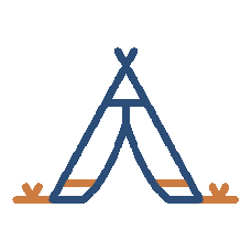 Illustration of a blue camping tent with two flaps and stakes on either side