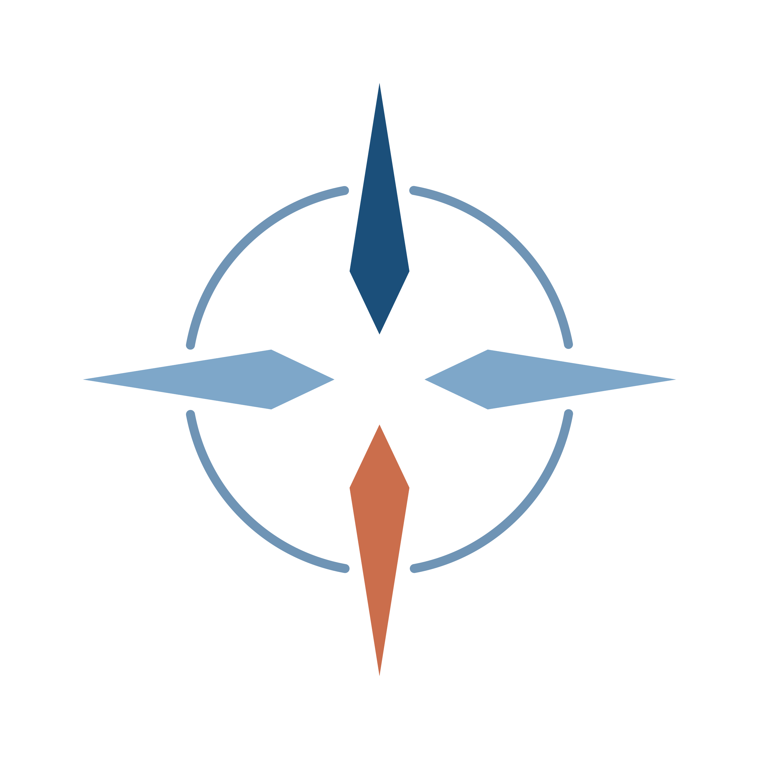 A geometric and angular logo design  of a compass featuring a navy blue arrow pointing upward at the center, with two curved light blue lines on either side, all enclosed within a light blue circular outline and topped with a small orange triangle.