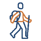A person hiking with a backpack and walking stick