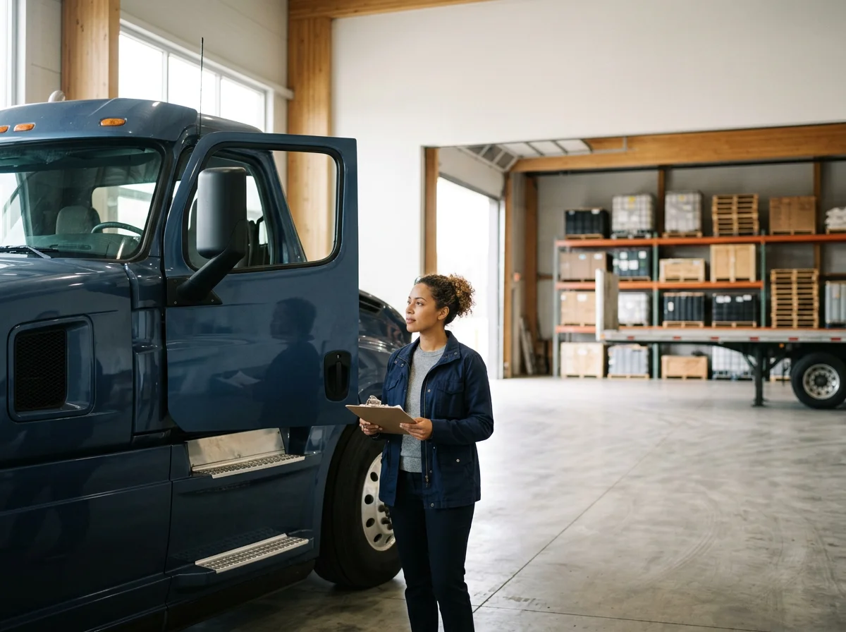 A woman holding a clipboard standing next to a large blue truck inside a warehouse