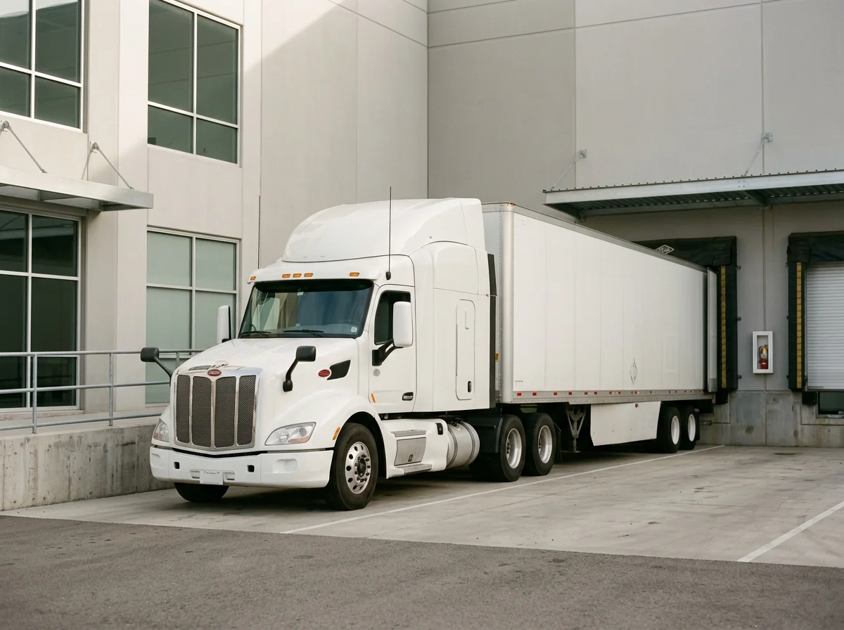 A white semi-truck parked next to a loading dock at a commercial building