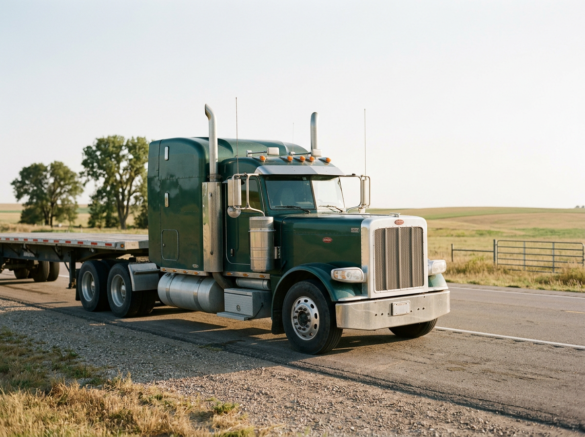 A green semi-truck parked on a rural road with open fields and trees in the background.