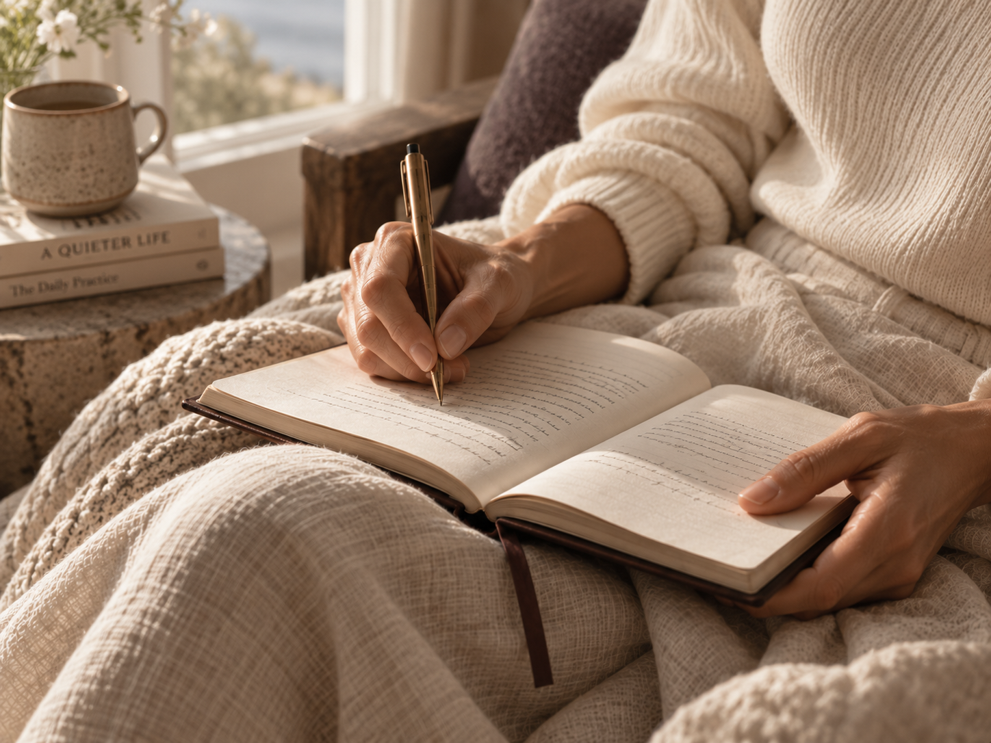 A person in a cozy beige sweater is sitting on a textured blanket, writing in a notebook with a gold pen. A coffee mug and a couple of books are on a table nearby, with sunlight streaming through a window.