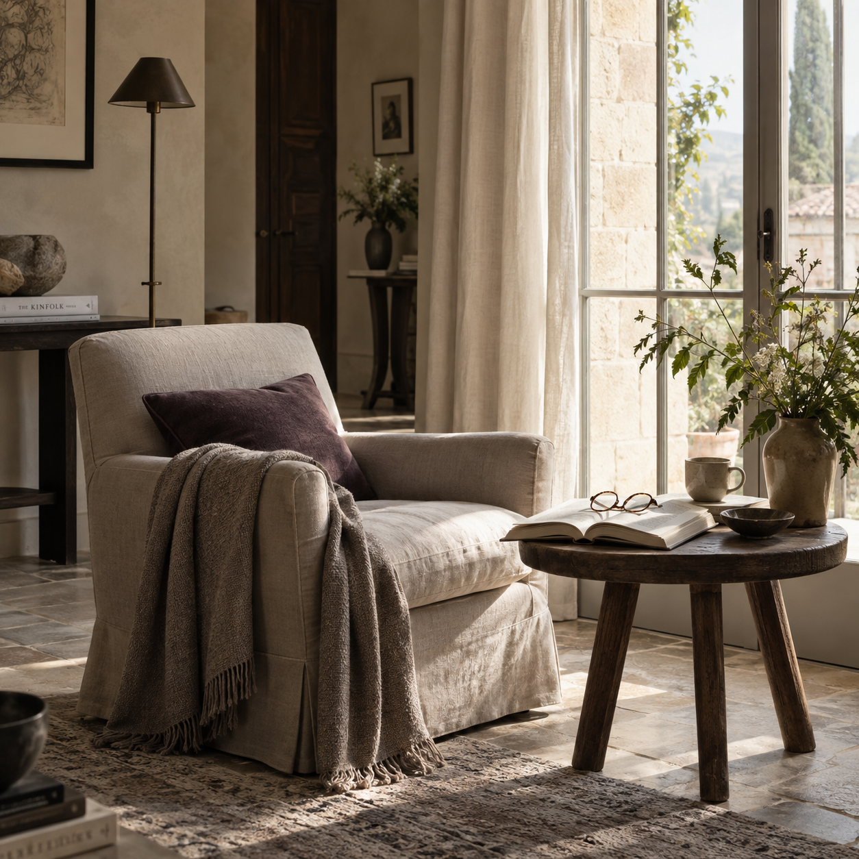 Cozy living room with a beige armchair, a purple pillow, a throw blanket, a wooden coffee table with an open book, glasses, a vase with flowers, a mug, and a bowl. Large window with curtains letting in natural light.