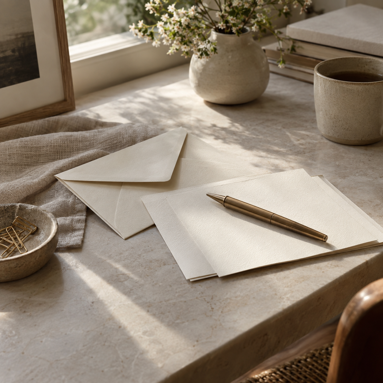 A desk with blank stationery, an envelope, and a pen. Sunlight creates shadows. A vase with white flowers, a cup of tea or coffee, and a stack of books are on the desk. A framed photo and gold paper clips are nearby.