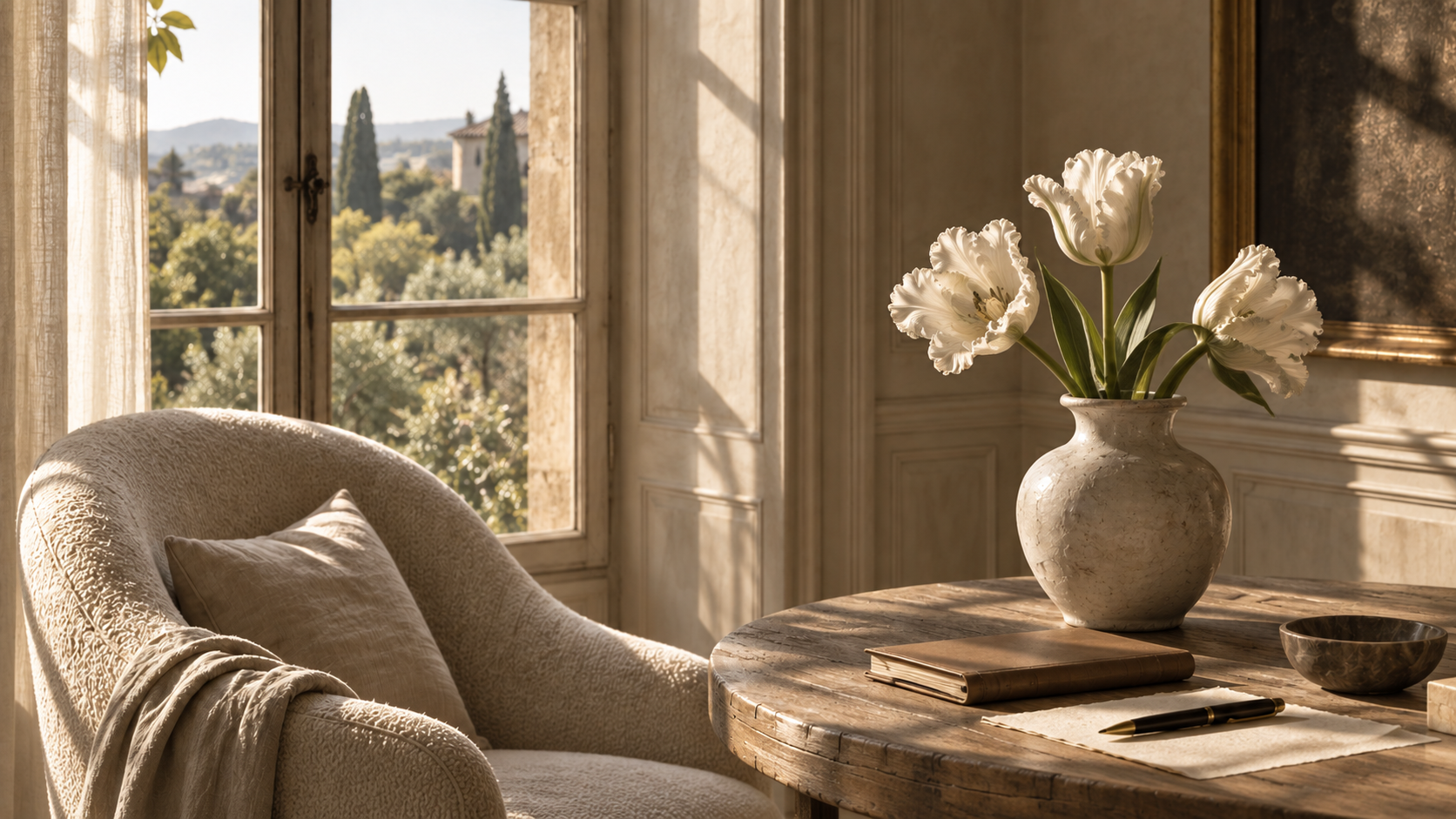 A cozy interior with a cream textured armchair, a beige pillow, a large window with curtains showing a view of trees and buildings, a wooden table with a vase of white tulips, a closed notebook, a pen, and a small bowl, bathed in warm natural sunlight.