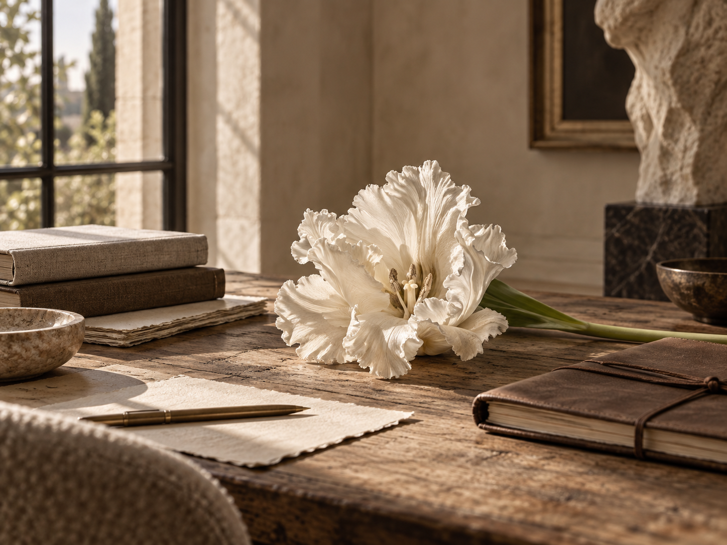 A rustic wooden desk with a large, white flower, possibly a lily, lying on it, along with notebooks, papers, a pen, and ceramic bowls. Sunlight streams through a window, illuminating the scene.