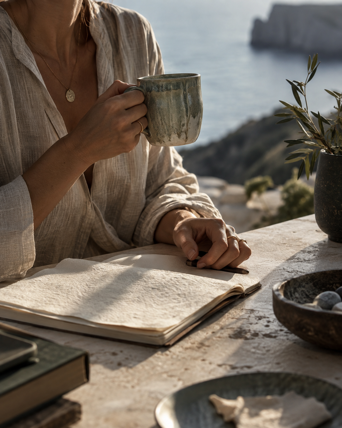 A woman sits at a rustic outdoor table, holding a mug, with an open notebook, books, and potted plant nearby, overlooking a body of water and distant cliffs.