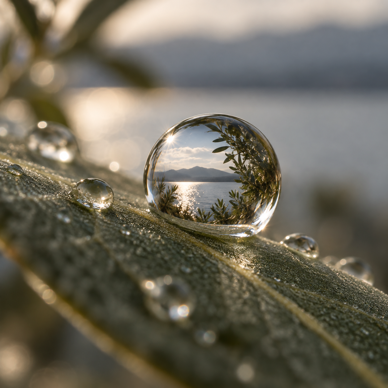 A close-up of a dew-covered leaf with a glass lens or sphere resting on it, reflecting a landscape of water, mountains, and sky.