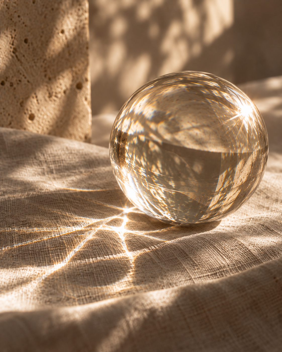 A clear glass sphere on a beige textured fabric surface, with sunlight creating reflections and shadows around it. A piece of porous, textured material is in the background.