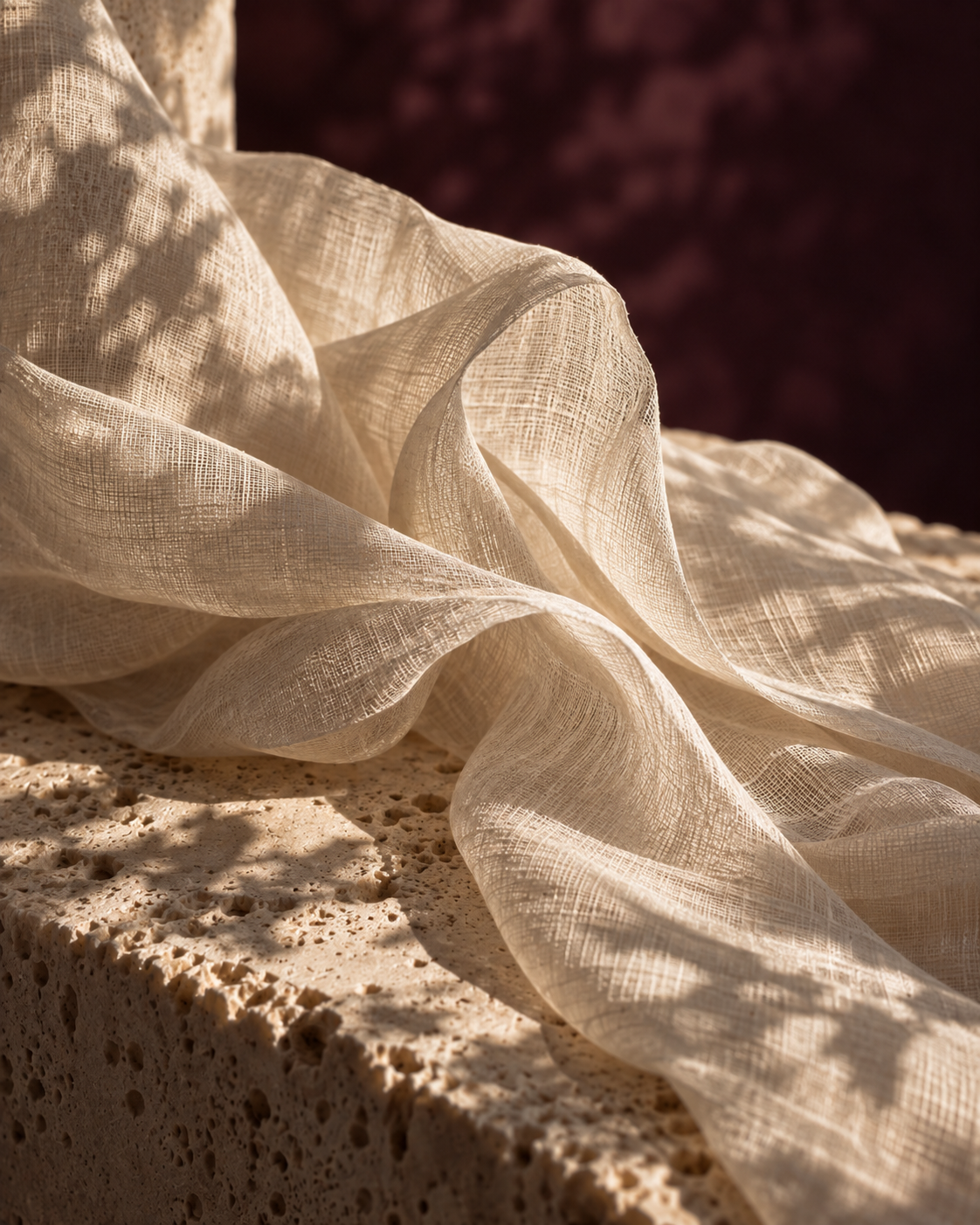 Close-up of a sheer, cream-colored fabric with a textured weave, draped and folded over a rough, porous stone surface.