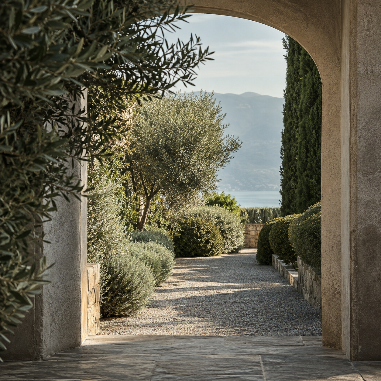 View through a stone archway showing a garden with various trees and bushes, a path, and scenic mountains and water in the background.