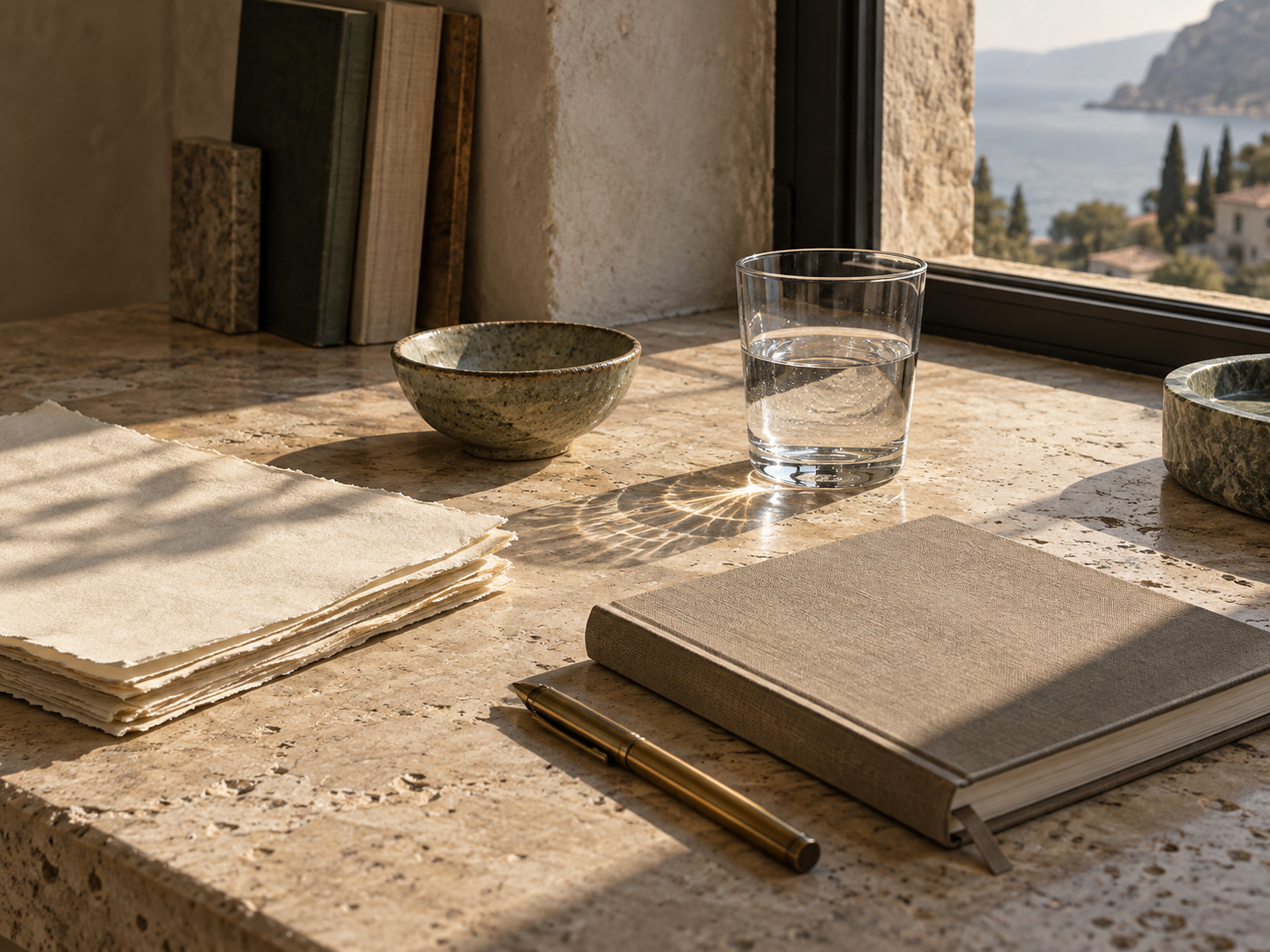 A granite tabletop near a window with a view of water and trees. On the table are a glass of water, two ceramic bowls, a closed beige notebook, a gold pen, and some stacked papers, with books in the background.