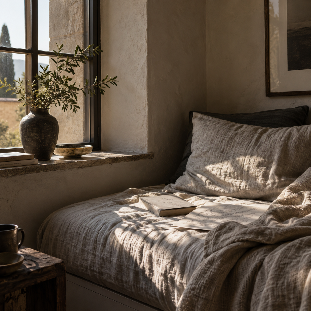A cozy bedroom corner with a bed illuminated by natural sunlight, featuring neutral-toned bedding, an open book, and a window sill decorated with a vase of green leaves, a bowl, and books.