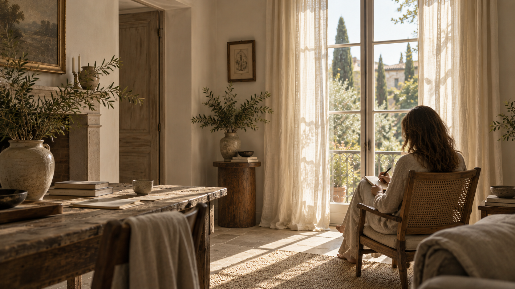 A woman seated in a wooden chair in a bright, cozy living room, writing in a journal as sunlight streams through large glass doors revealing a view of trees and a balcony.