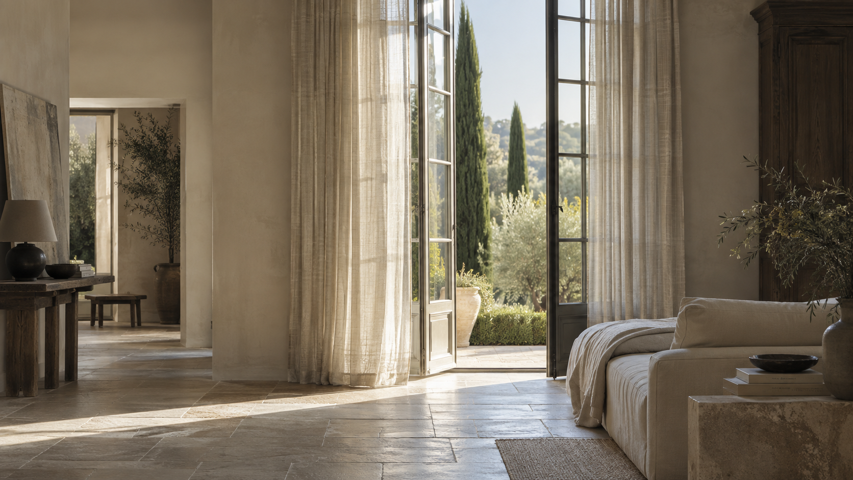 Sunlit Mediterranean-style living room with open glass doors leading to a lush outdoor garden with tall cypress trees, beige curtains, a cream sofa with a blanket, and decorative vases and books.
