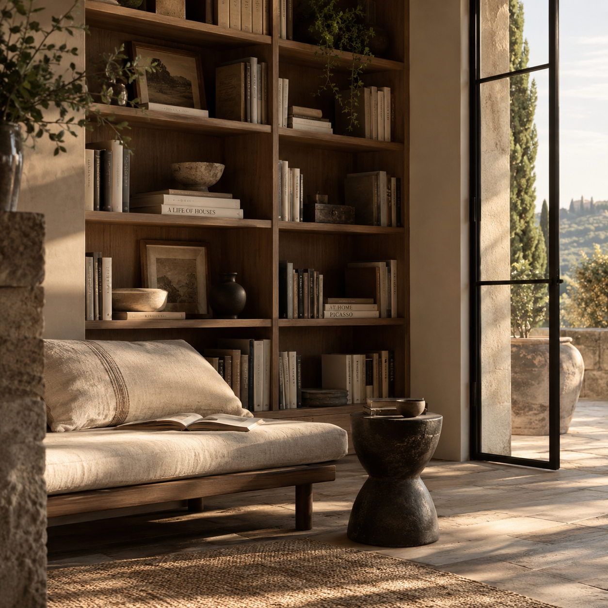 Living room with a beige sofa, a wooden bookshelf filled with books and decorative items, an open book on the sofa, and an open door leading to an outdoor patio with large vases and a view of trees and hills.