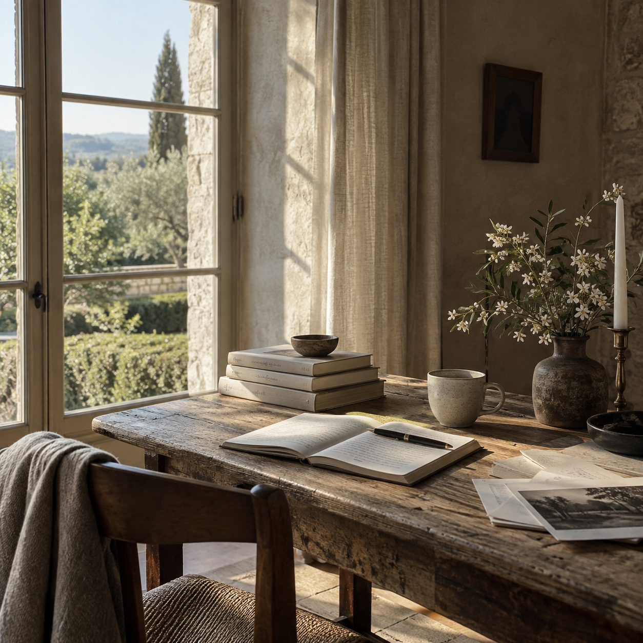 Sunlit rustic wooden table with open notebook, pen, stack of books, ceramic mug, flower vase, and candle holder near a window showing greenery outside.