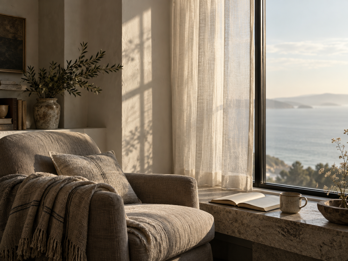 Cozy living room corner with beige armchair, patterned pillow, blanket, book, mug, and plants near a large window with sheer curtains overlooking a scenic ocean view.