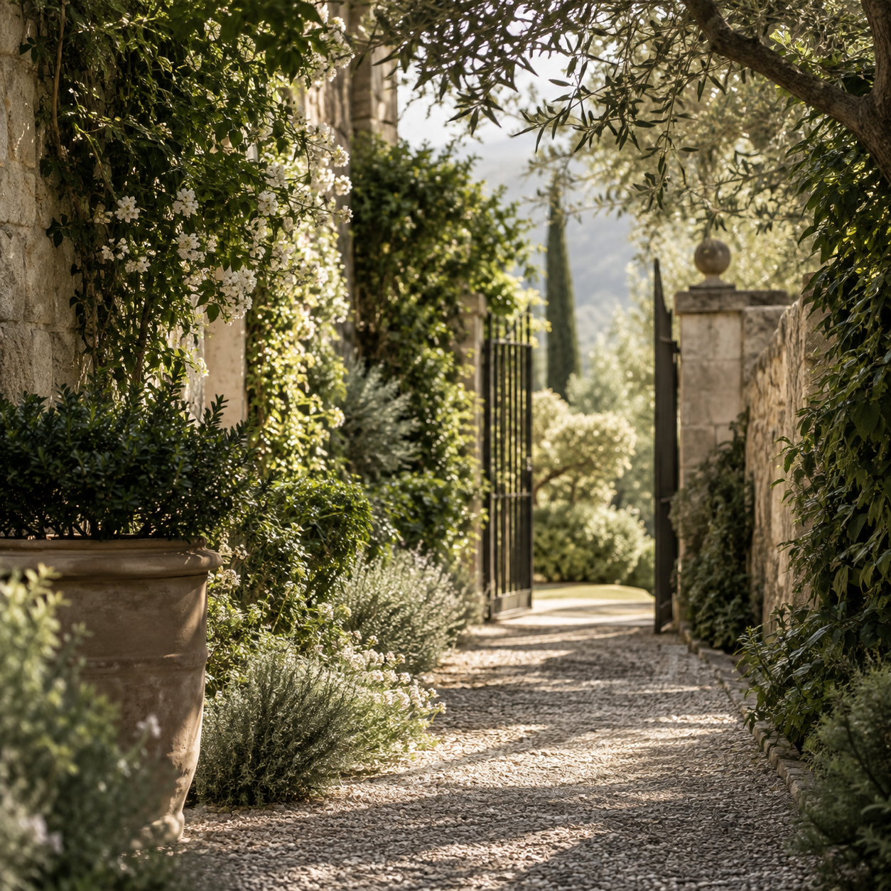 A gravel pathway leads through a garden with lush green shrubs and white flowering plants, bordered by stone walls and a black metal gate, with trees and mountains in the background.