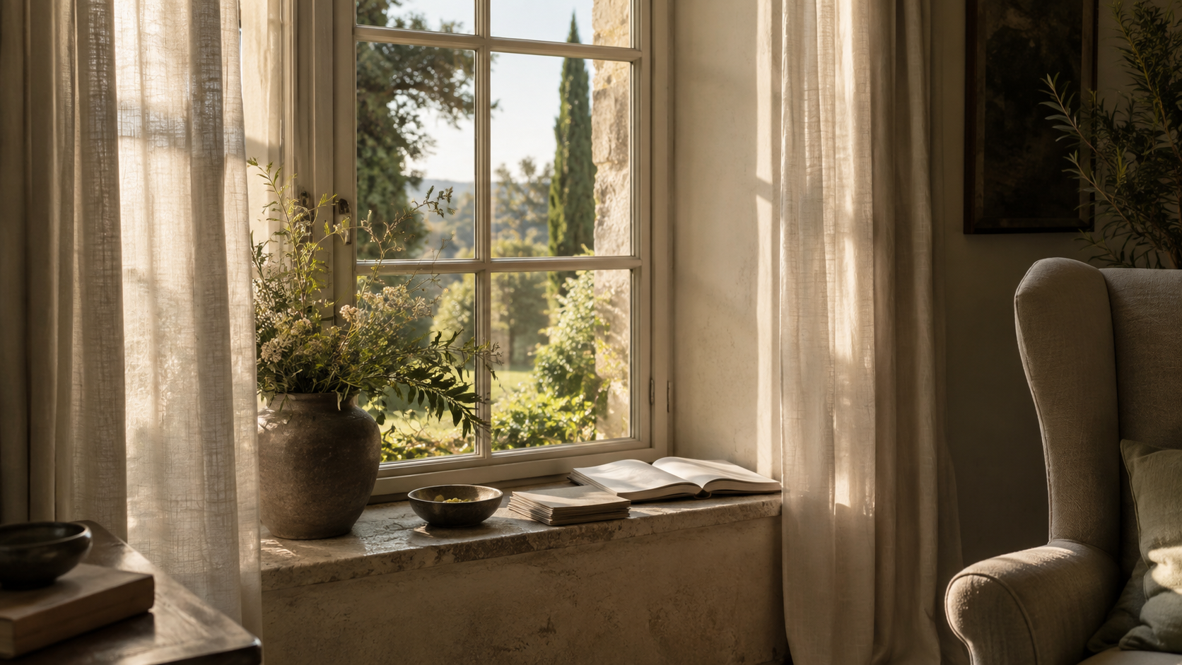Sunlit interior with a window ledge holding a large vase with flowers, an open book, and small bowls, with sheer curtains and a view of trees outside.