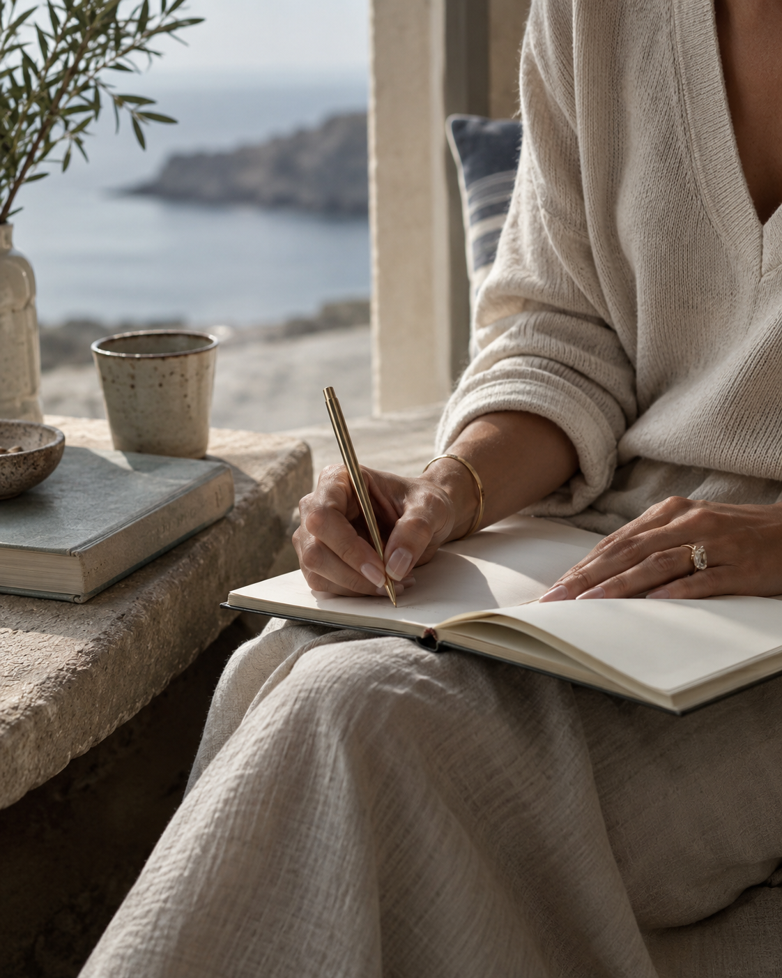 A person sitting outdoors near a window, writing in a notebook, with a view of a body of water and rocky coastline in the background.