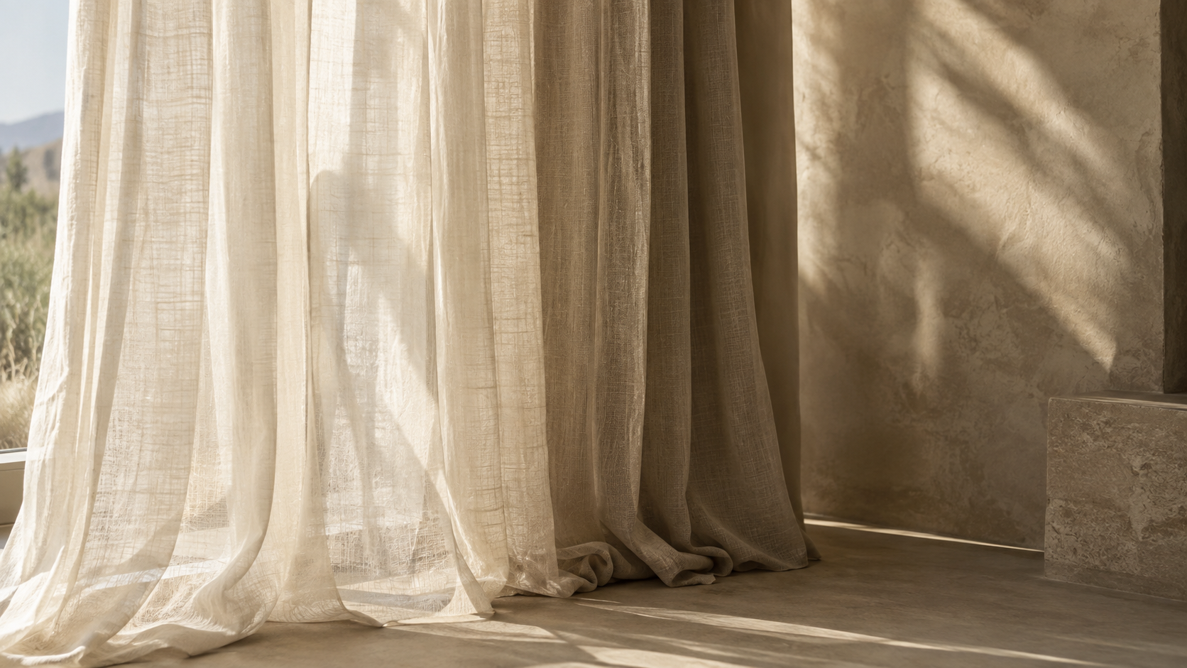 Sunlight streams through sheer curtains, casting shadows on a textured wall.