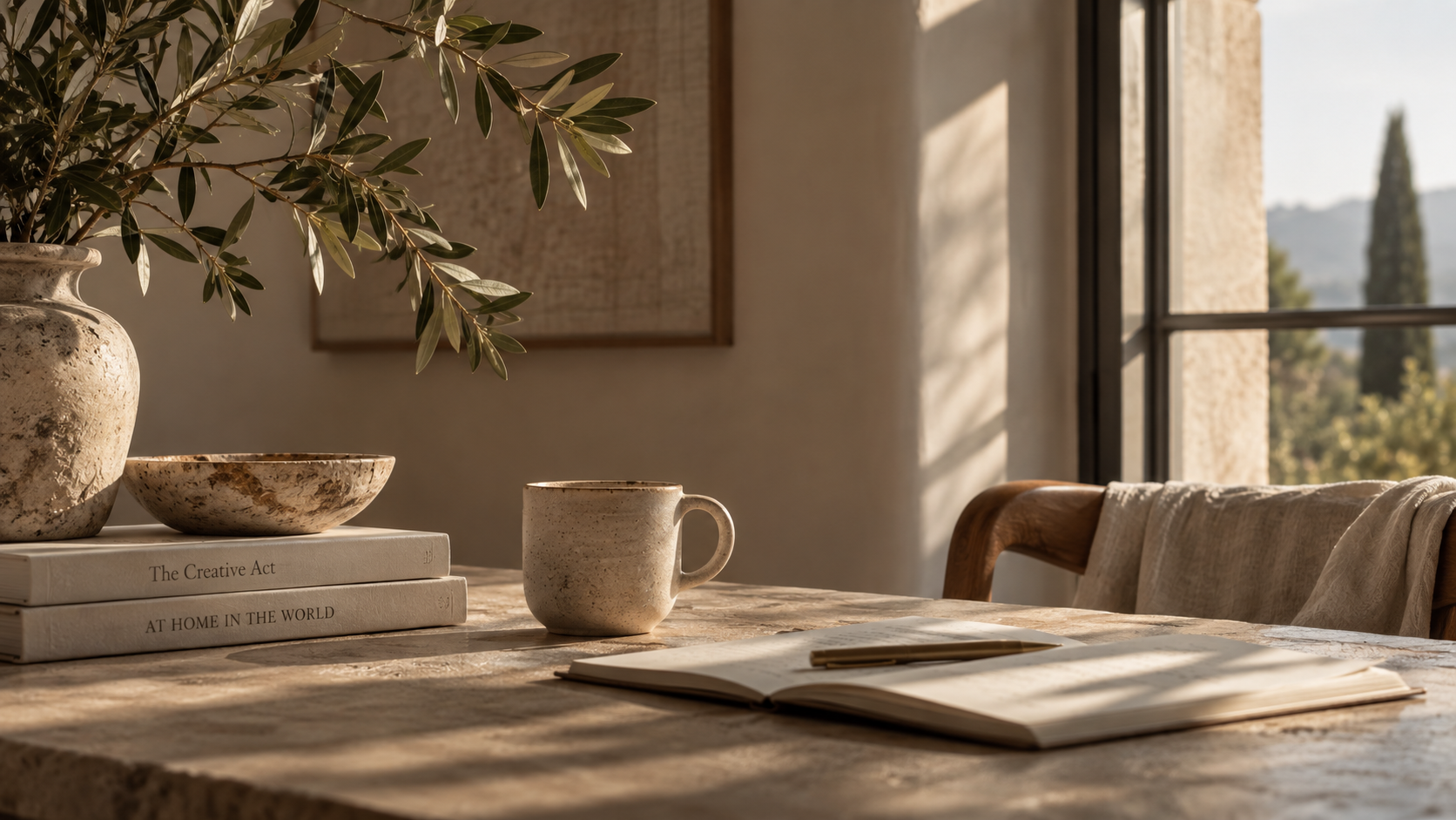 A cozy, sunlit table with books, a ceramic cup, and decorative bowls, topped with a large potted plant, set by a window with a view of trees and mountains outside.