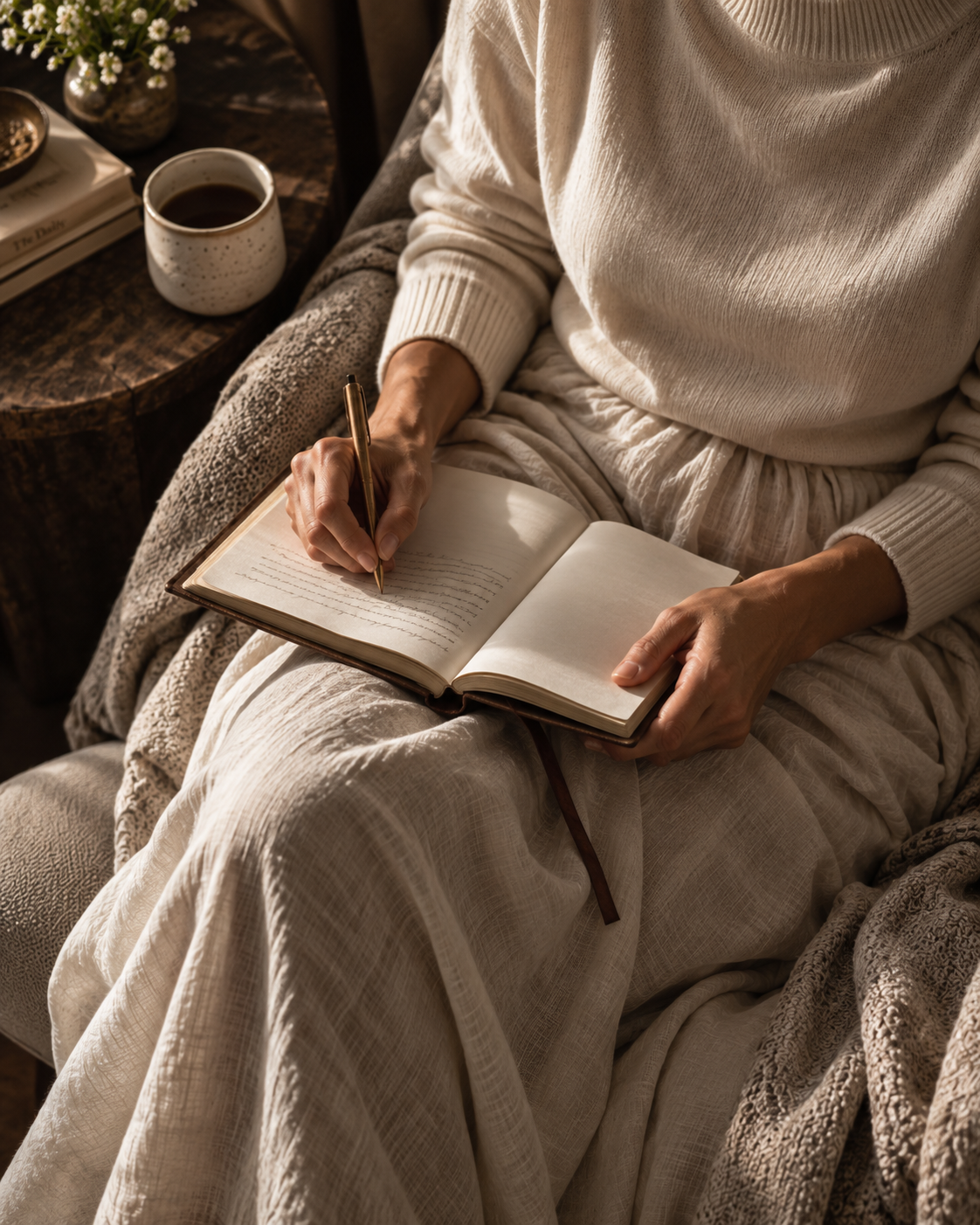 A person sitting on a cozy armchair, writing in an open notebook with a gold pen. A cup of coffee and a small vase with flowers are on a round wooden table nearby.