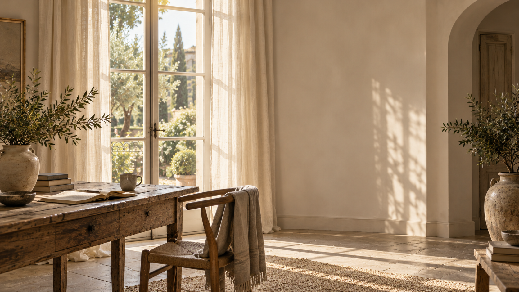 Sunlit dining room with a rustic wooden table, open book, mug, large vase with greenery, and cream curtains beside a window showing a garden view.