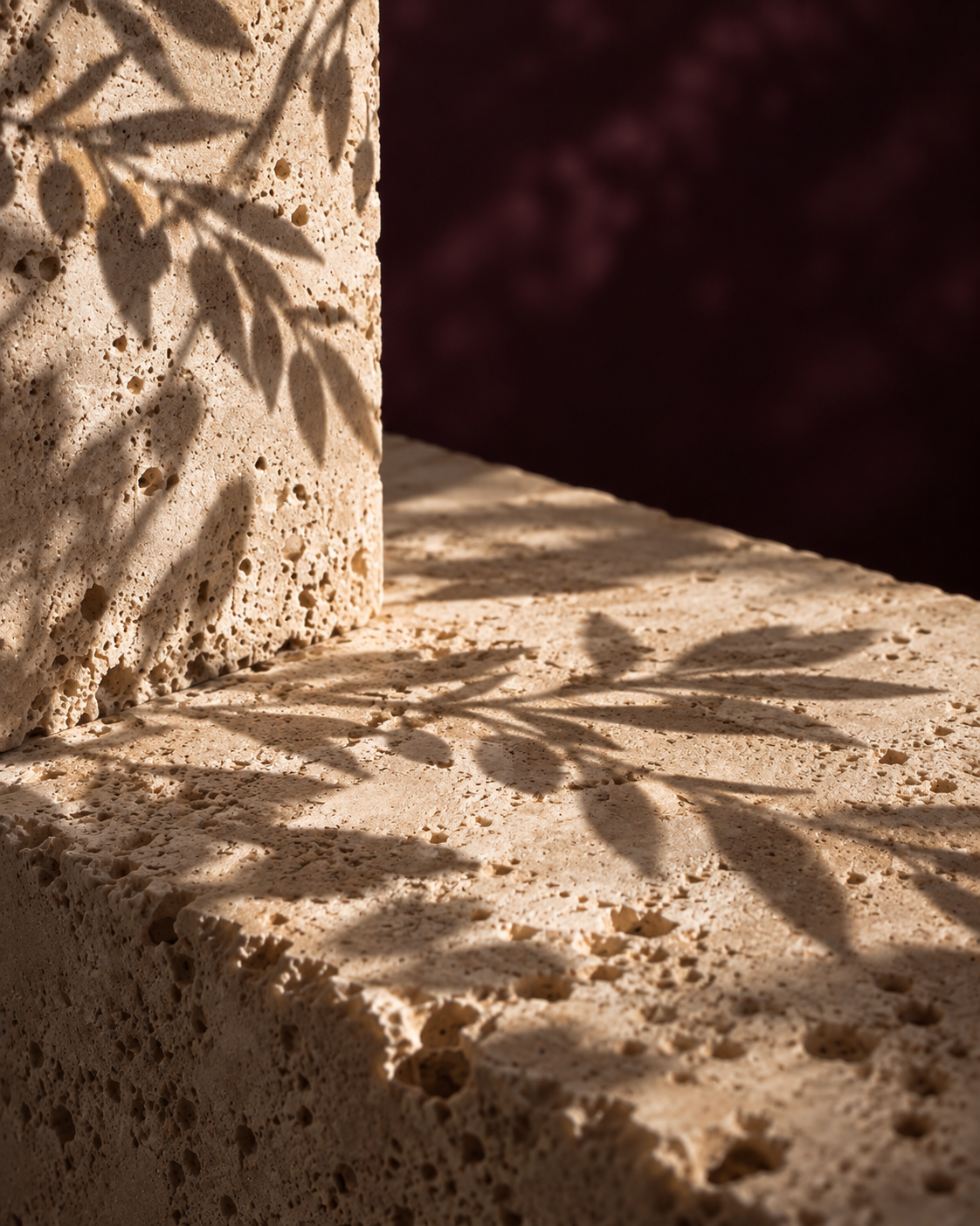 Shadow of a plant's leaves cast on a textured stone surface.