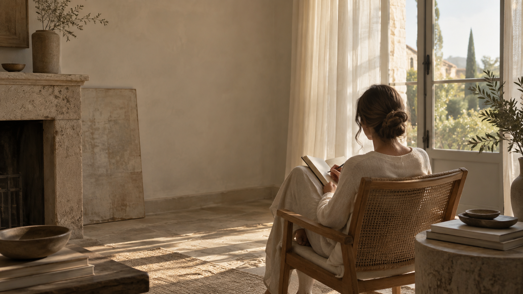 A woman sitting in a wooden chair in a sunlit living room, reading a book during the daytime, with a fireplace, potted plants, and a stack of books nearby.