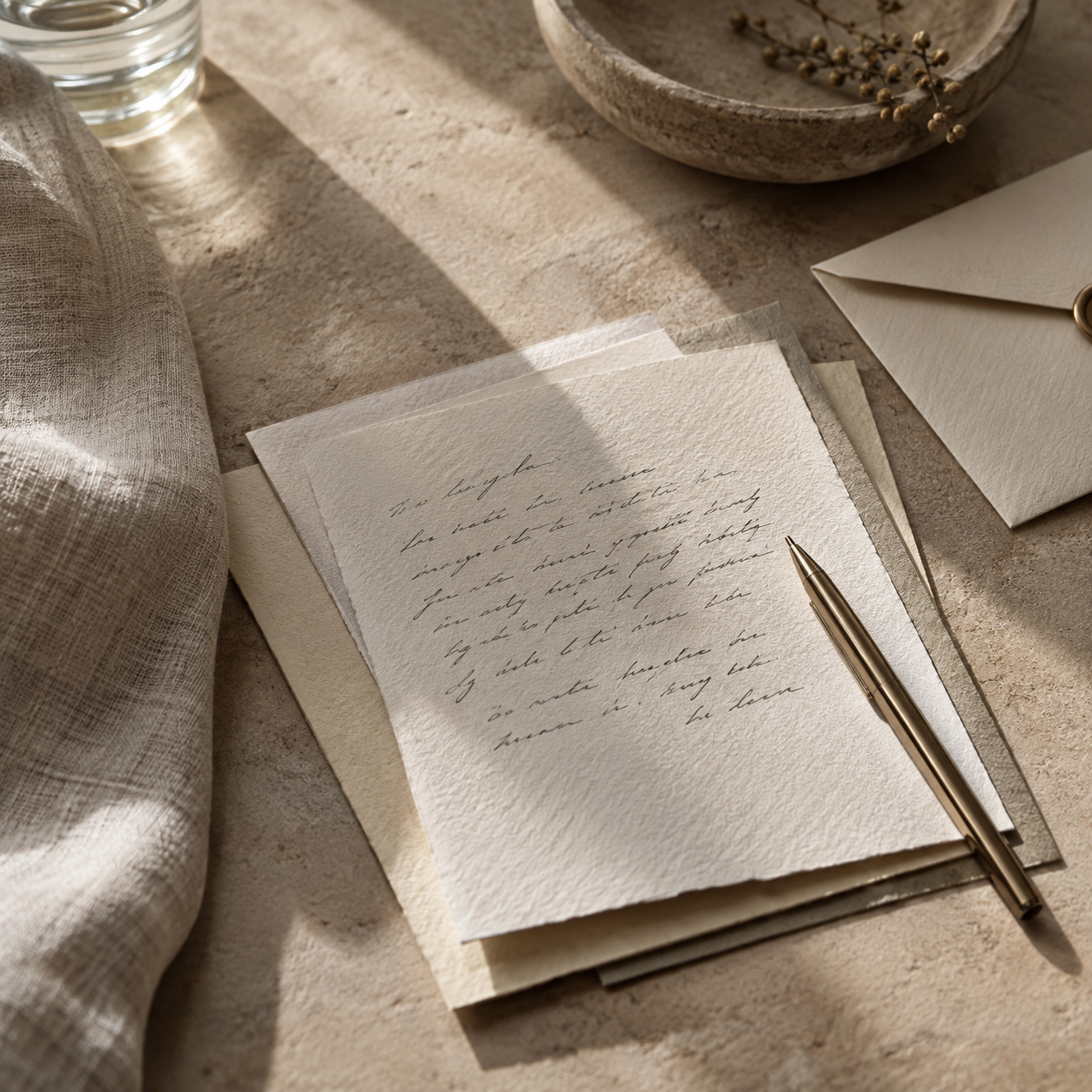 A handwritten letter on textured paper, with a gold pen beside it, on a beige table alongside an envelope and a bowl with dried berries or seeds.