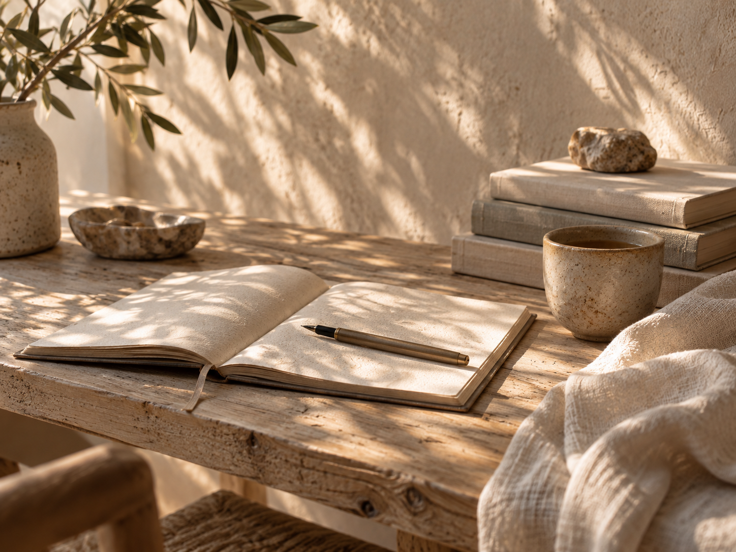 A rustic wooden desk with an open notebook, a pen, a cup of coffee, several closed books, a stone and a ceramic dish, with a plant and sunlight creating shadows on the wall.