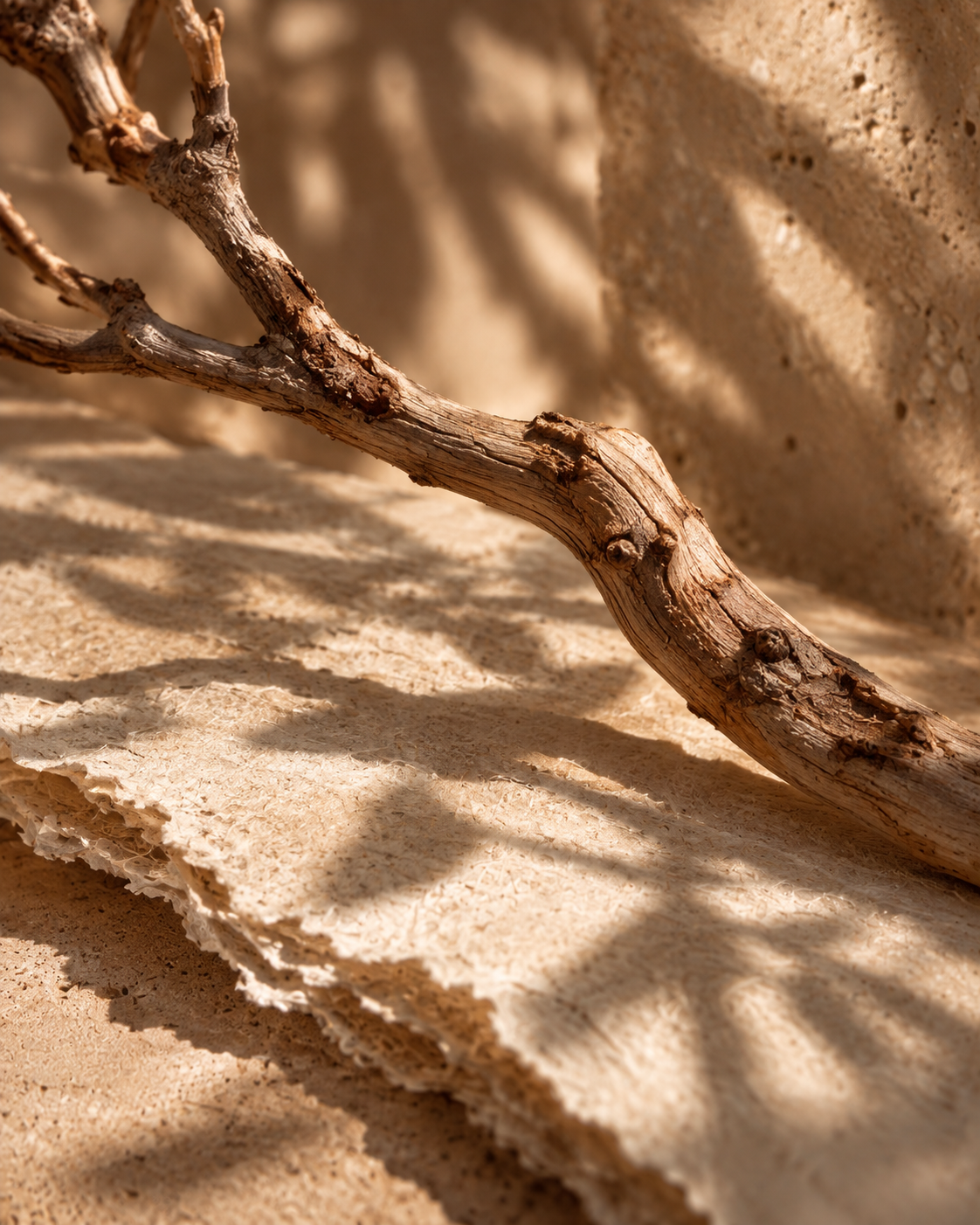Close-up of a dry, textured tree branch casting a shadow on a sandy surface with a textured wall in the background.
