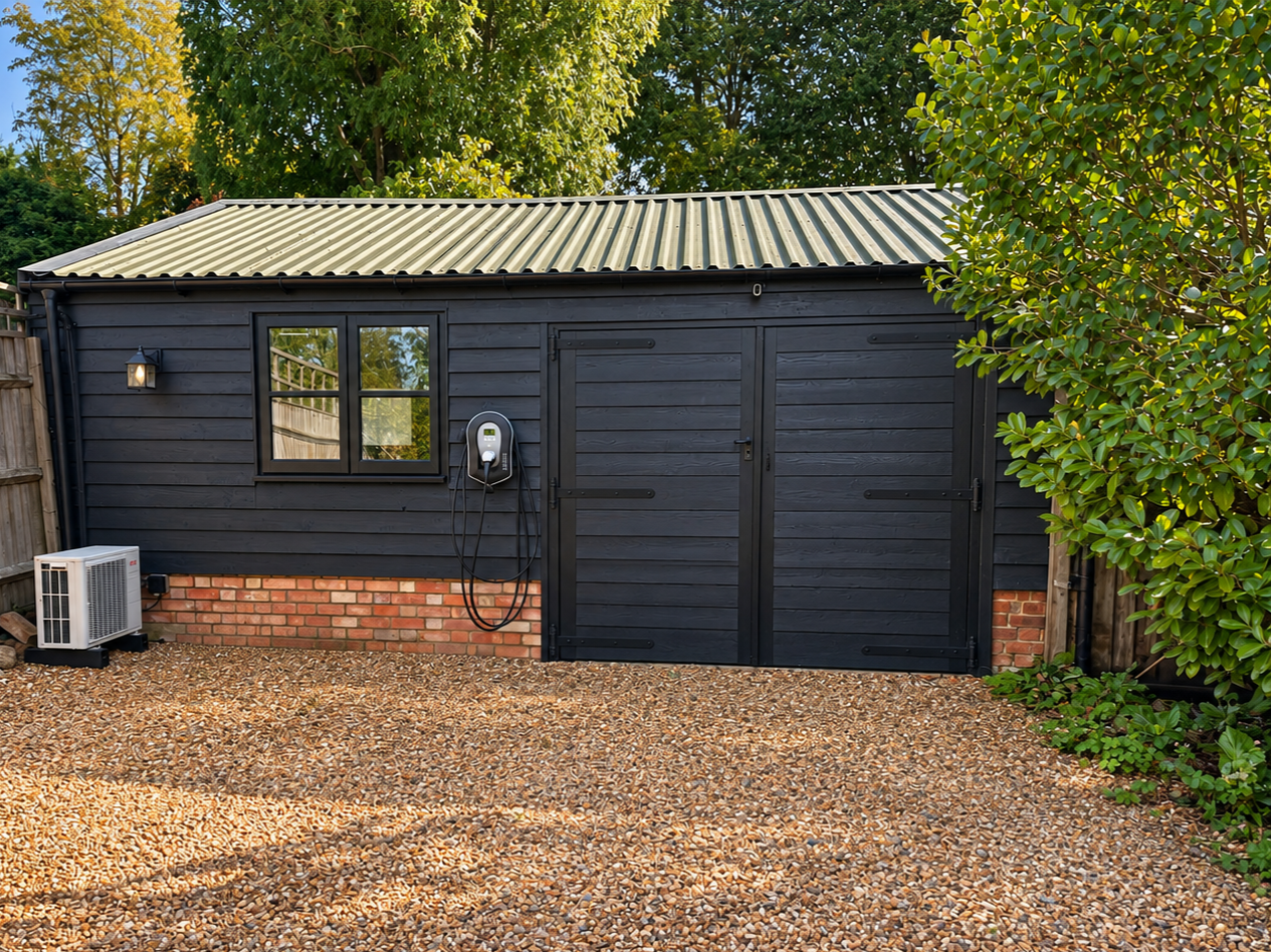 Exterior of Guy Kendall's purpose-built, soundproofed voice-over recording studio in Cambridgeshire, UK.