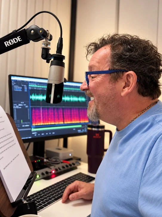 Guy Kendall, British male voice actor, recording a voice-over script in his professional soundproofed studio.