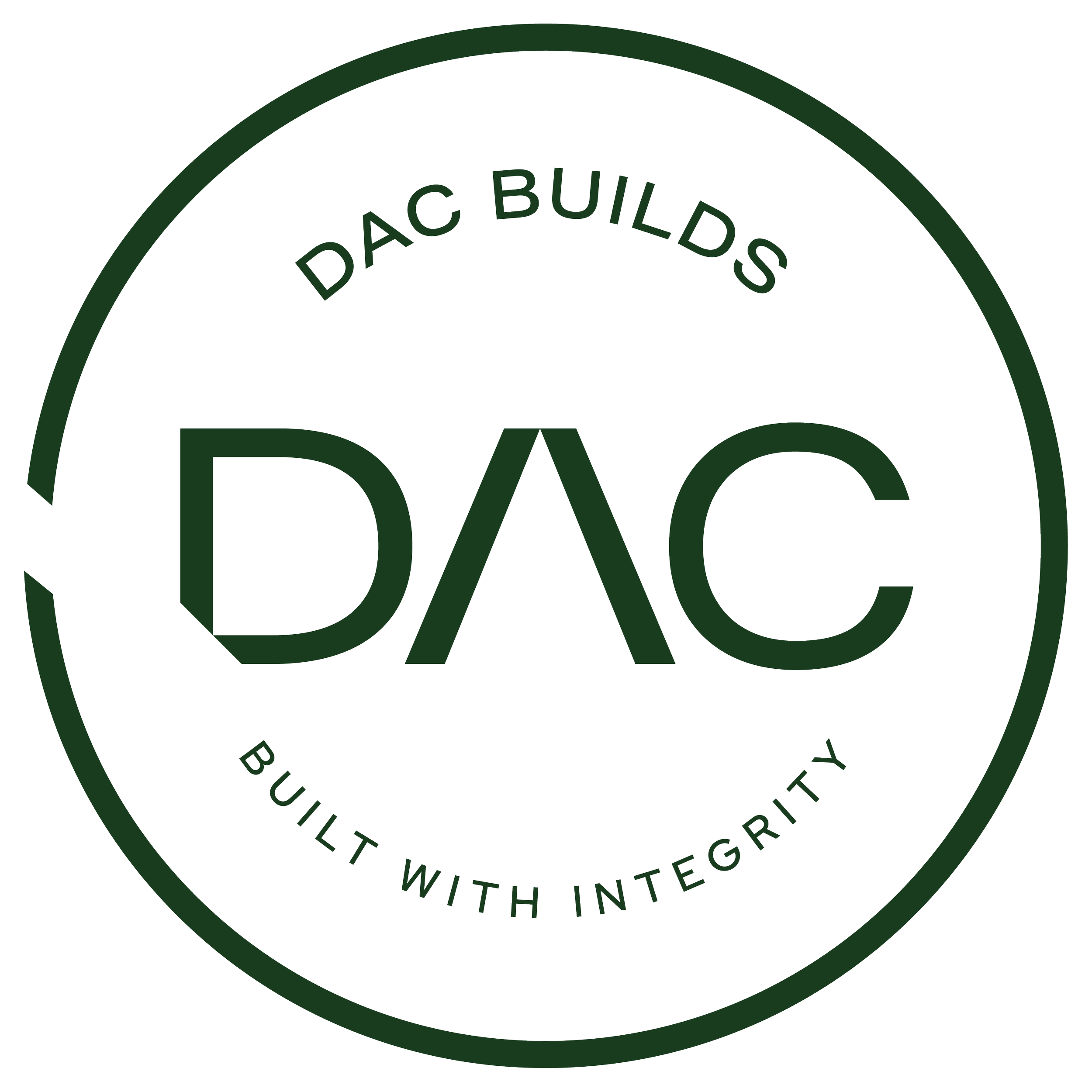 Green circular logo with the words 'DAC Builds' in the center and 'Built with Integrity' written around the perimeter.