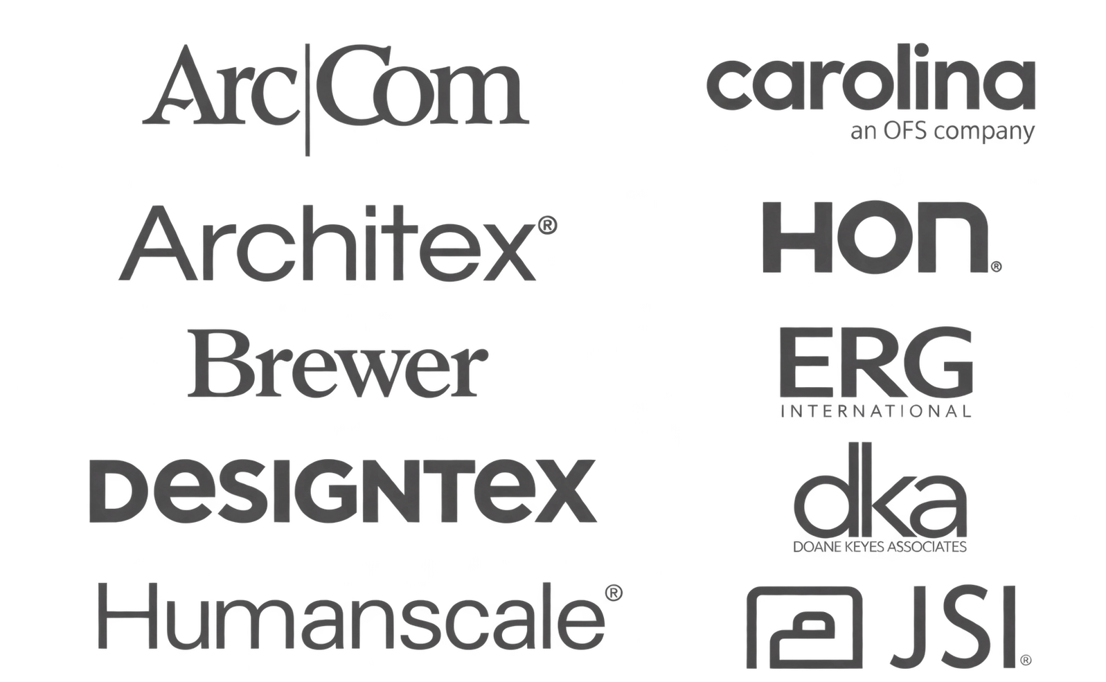Collection of logos for construction and architecture brands including Arco, Carolina, Architex, Hon, Brewer, ERG, Designtex, DJK, Humanscale, and JSI.