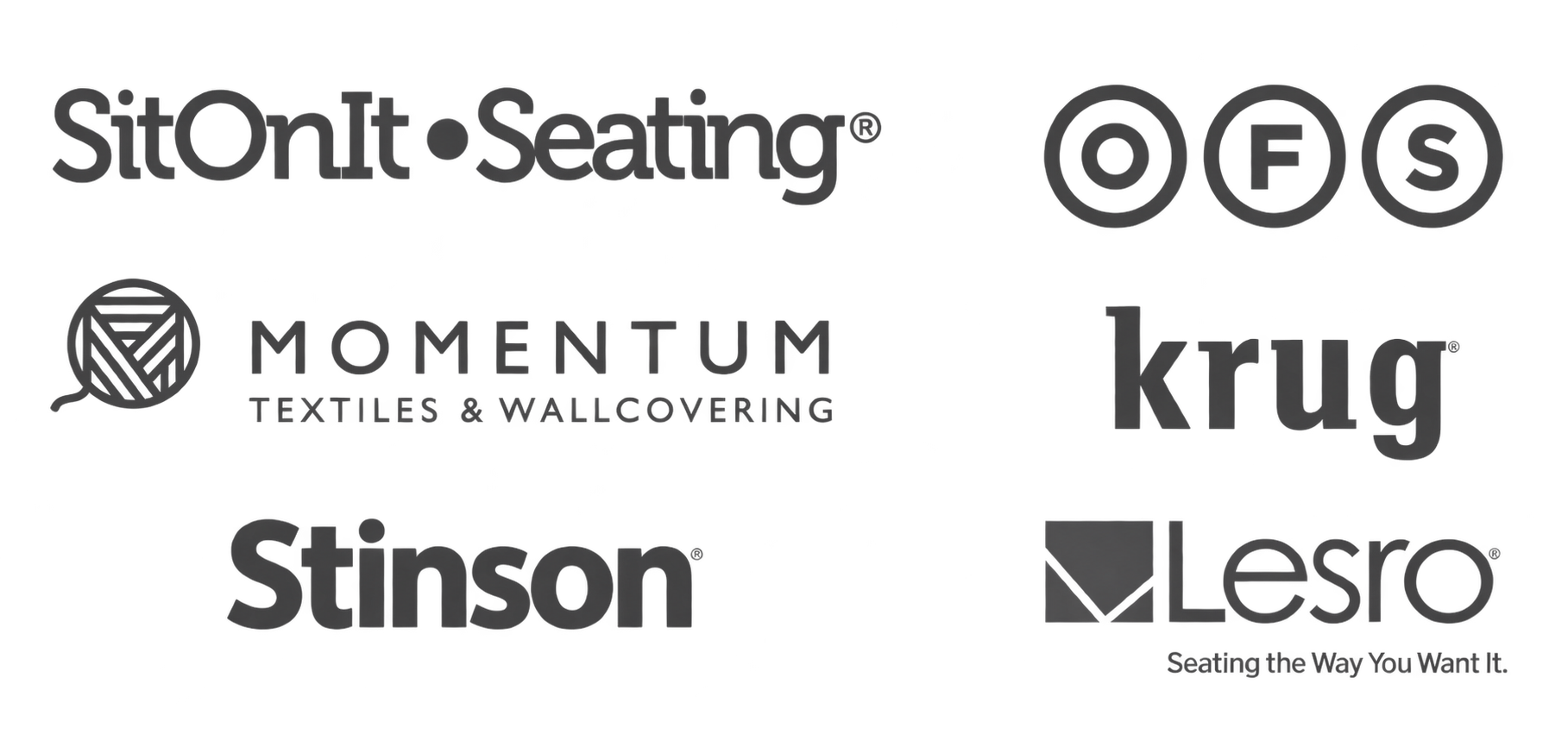 A collection of logos for companies related to home furnishings and textiles, including SitOnIt Seating, Target, Momentum Textiles & Wallcovering, Krug, Stinson, and Lesro, with the slogan "Seating the Way You Want It."