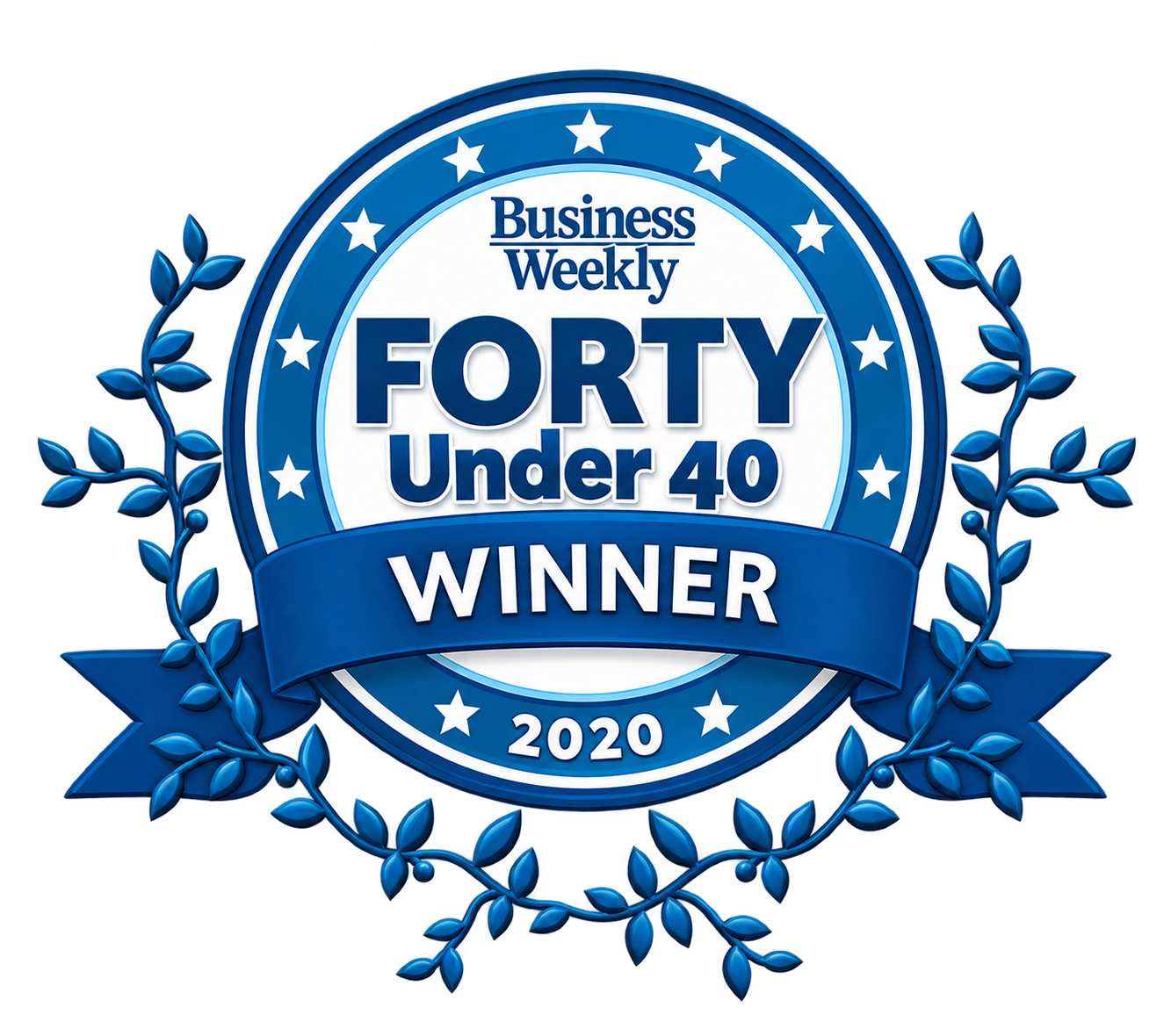 Blue award badge with white text recognizing a winner of Business Weekly's Forty Under 40 in 2020, with laurel branches surrounding the badge.
