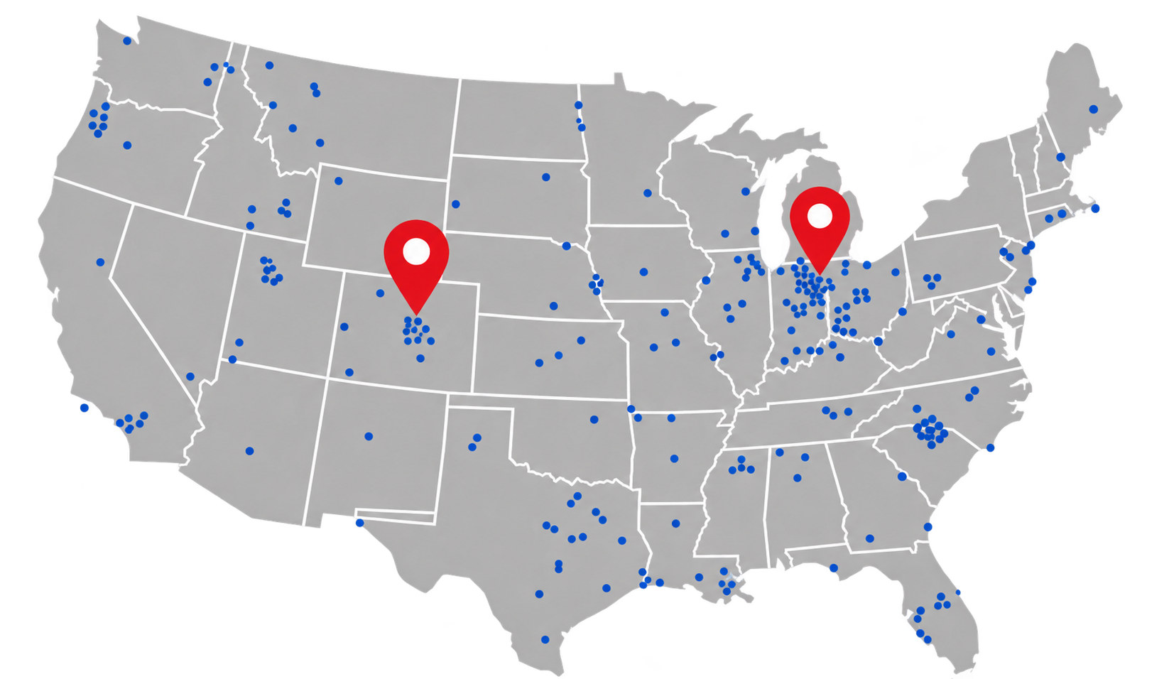 Map of the United States with numerous blue dots representing locations and two large red location markers.