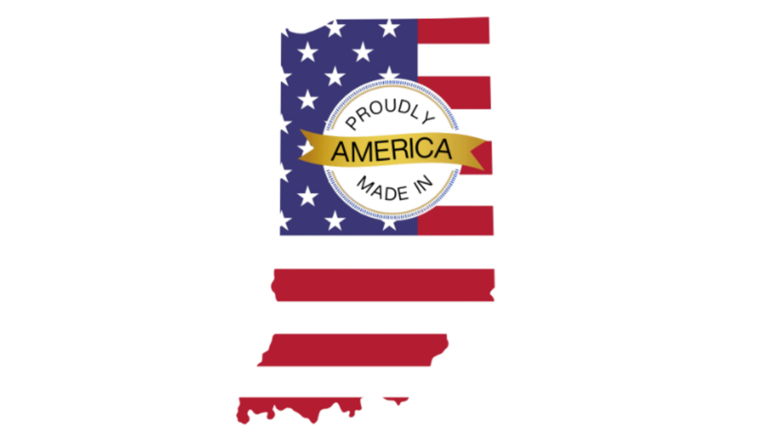 A patriotic American-themed graphic with an American flag background, a circular badge with a yellow banner reading 'America' across the center, and the words 'Proudly Made in' around the badge. Below are three red buttons labeled 'History,' 'Resources,' and 'Shop'.